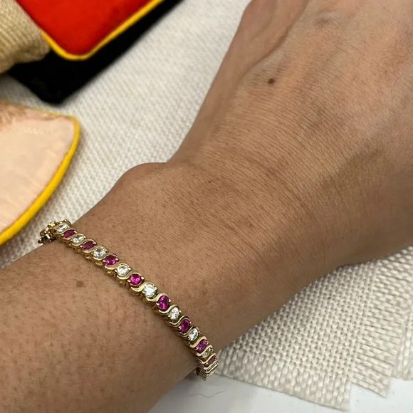 Vintage Gold Over 925 Sterling Silver Ruby & CZ Tennis Bracelet - Picture 11 of 16
